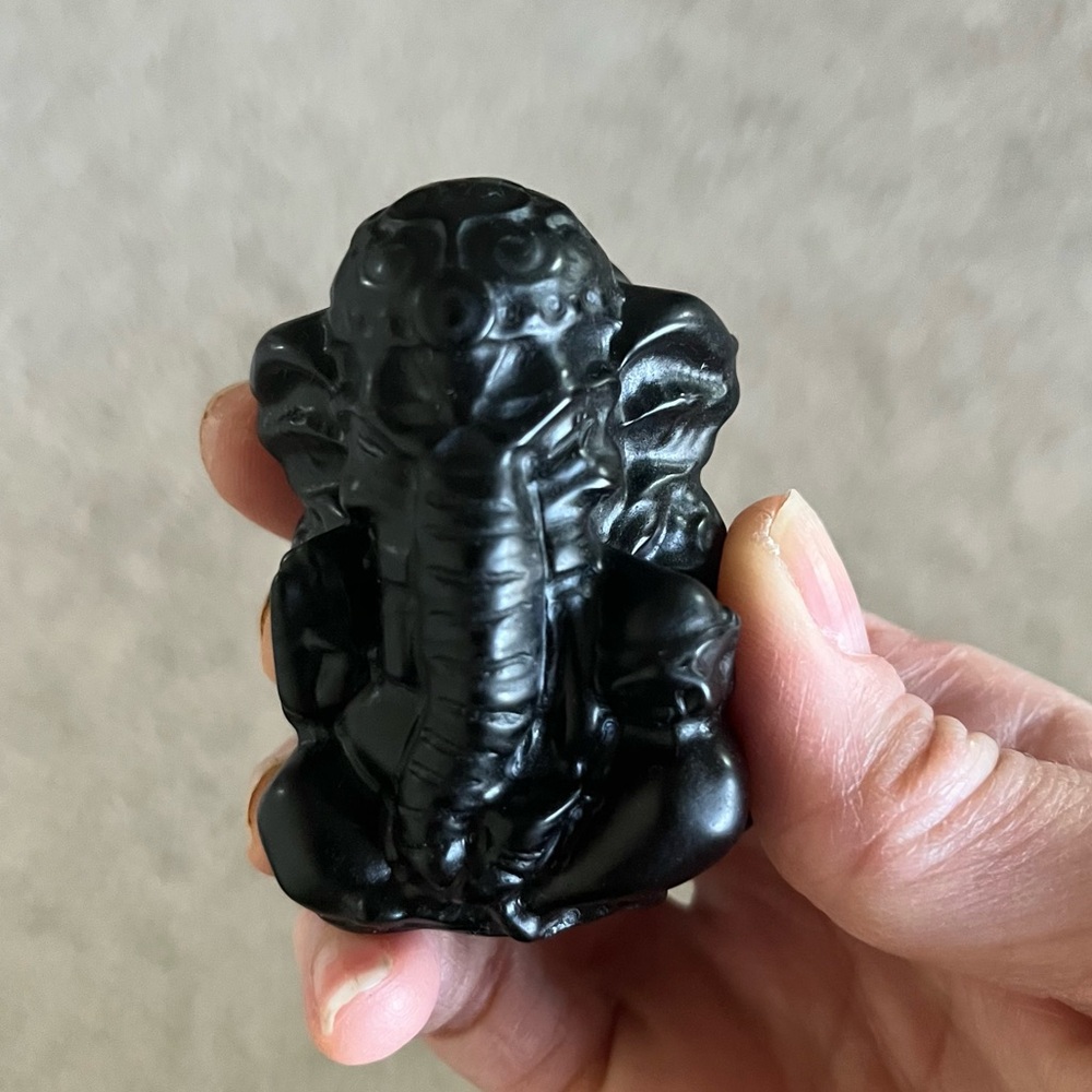 Obsidian Ganesha Carving | Elephant Natural Stone Crystal Figurine Sculpture